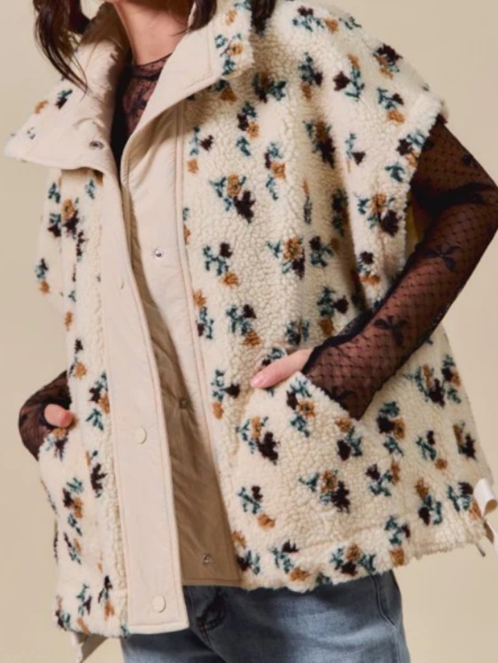 So Me Cream Floral Sherpa Vest with Multicolor Accents